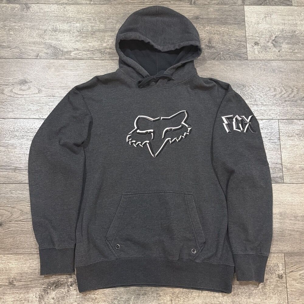 Vintage Y2K Fox Racing Hoodie Men XL Faded Gray Fox Head Logo Motocross Pullover